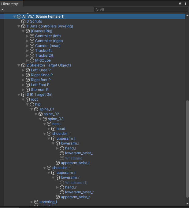 Unity3D Game object structure of the rigging for MINERVA.