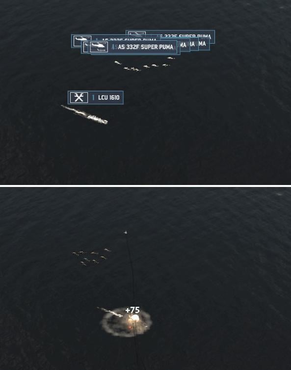 Helicopter flying too close to passing supply ship.