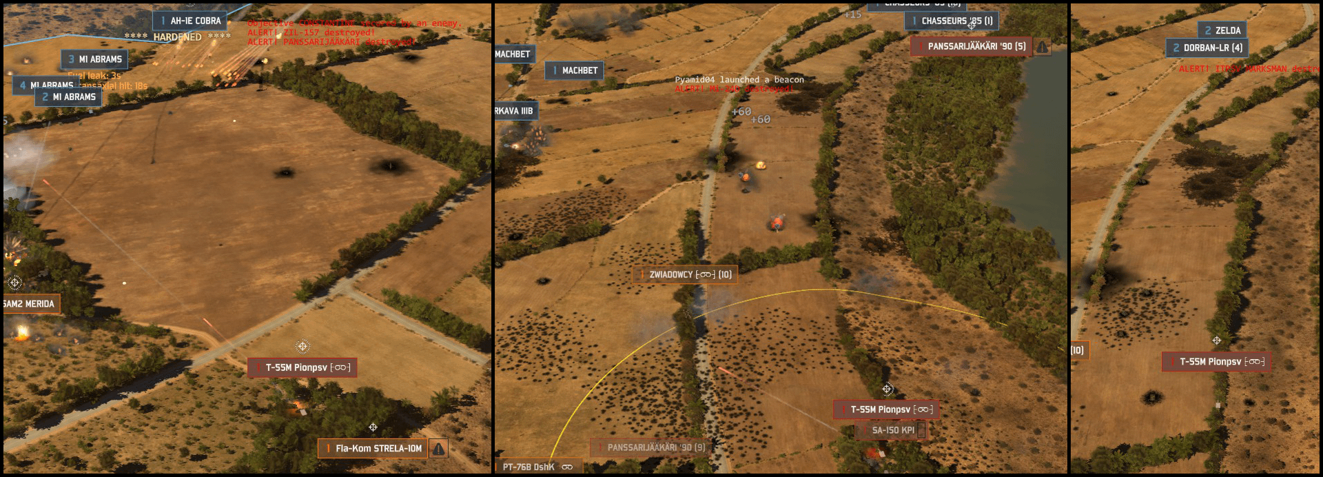 (a) M1 Spam, (b) double recon, (c) ATGM